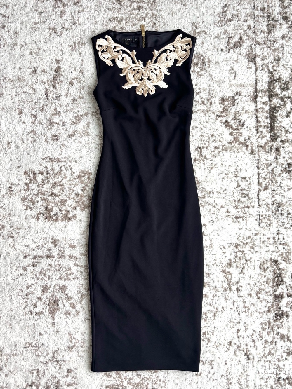 Ted Baker Tammara Black With Metallic Gold Embroidered Bodycon Midi Dress